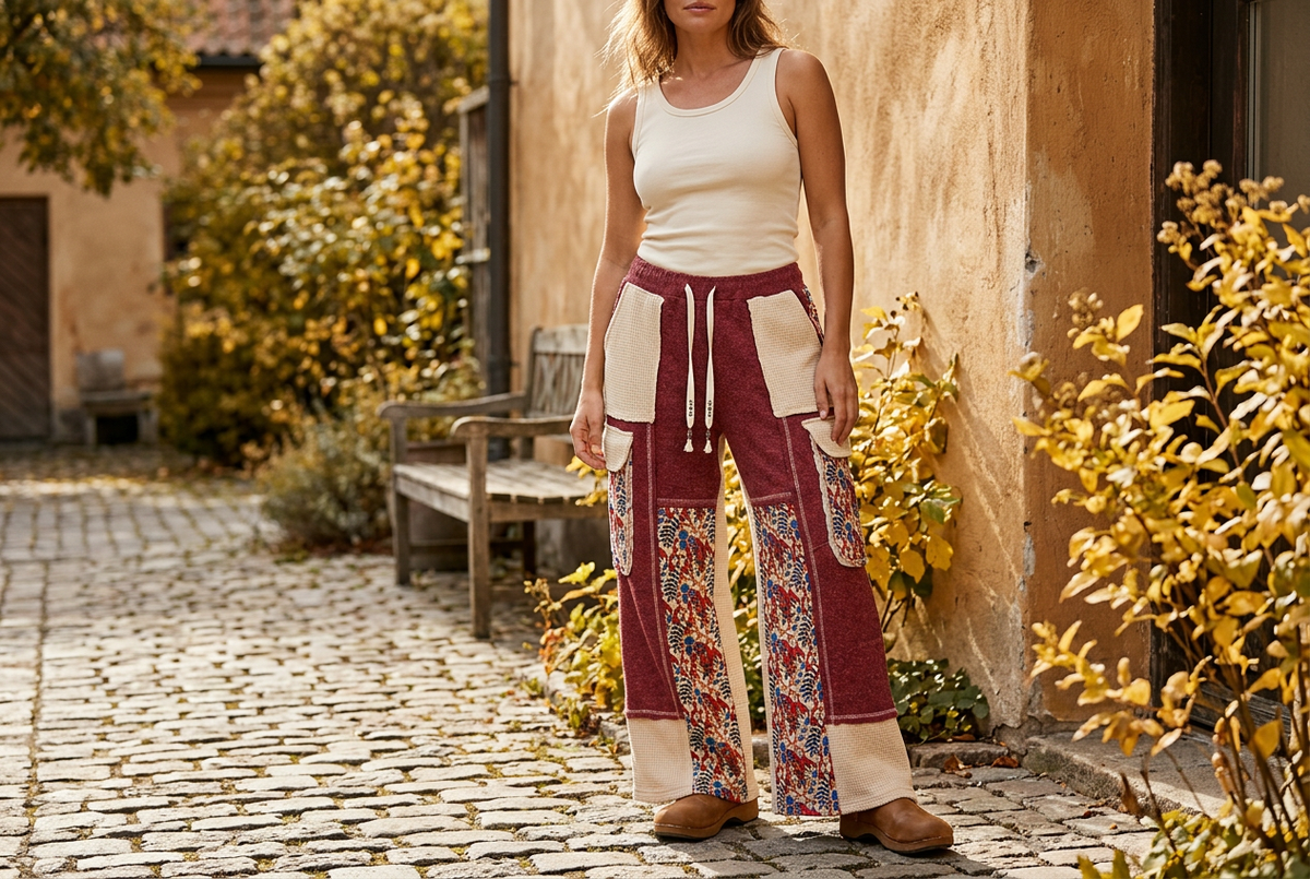 POL Clothing women's burgundy floral patchwork wide-leg pants in a sunlit courtyard, landscape view