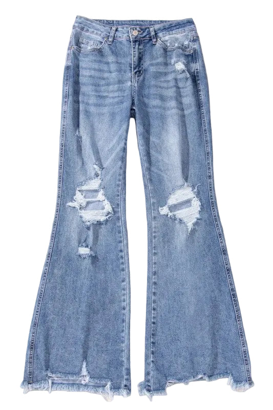 Laylani high rise distressed hem flared jeans in light wash denim - front view