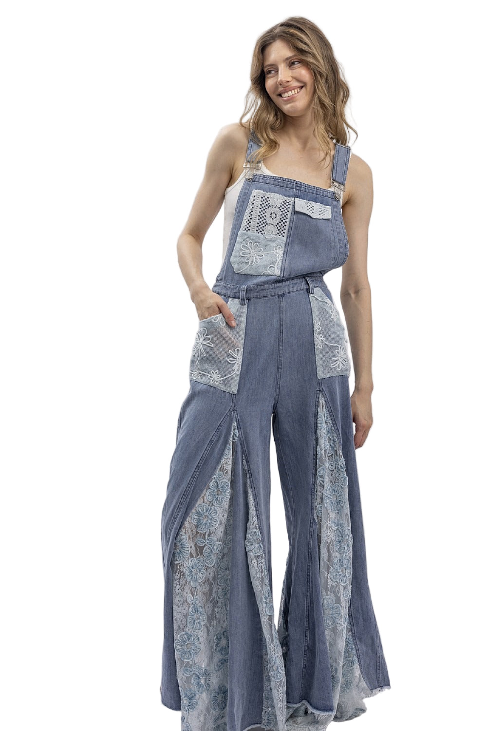 Bluevelvet Crochet Lace Denim Overalls – Maxi Wide Leg