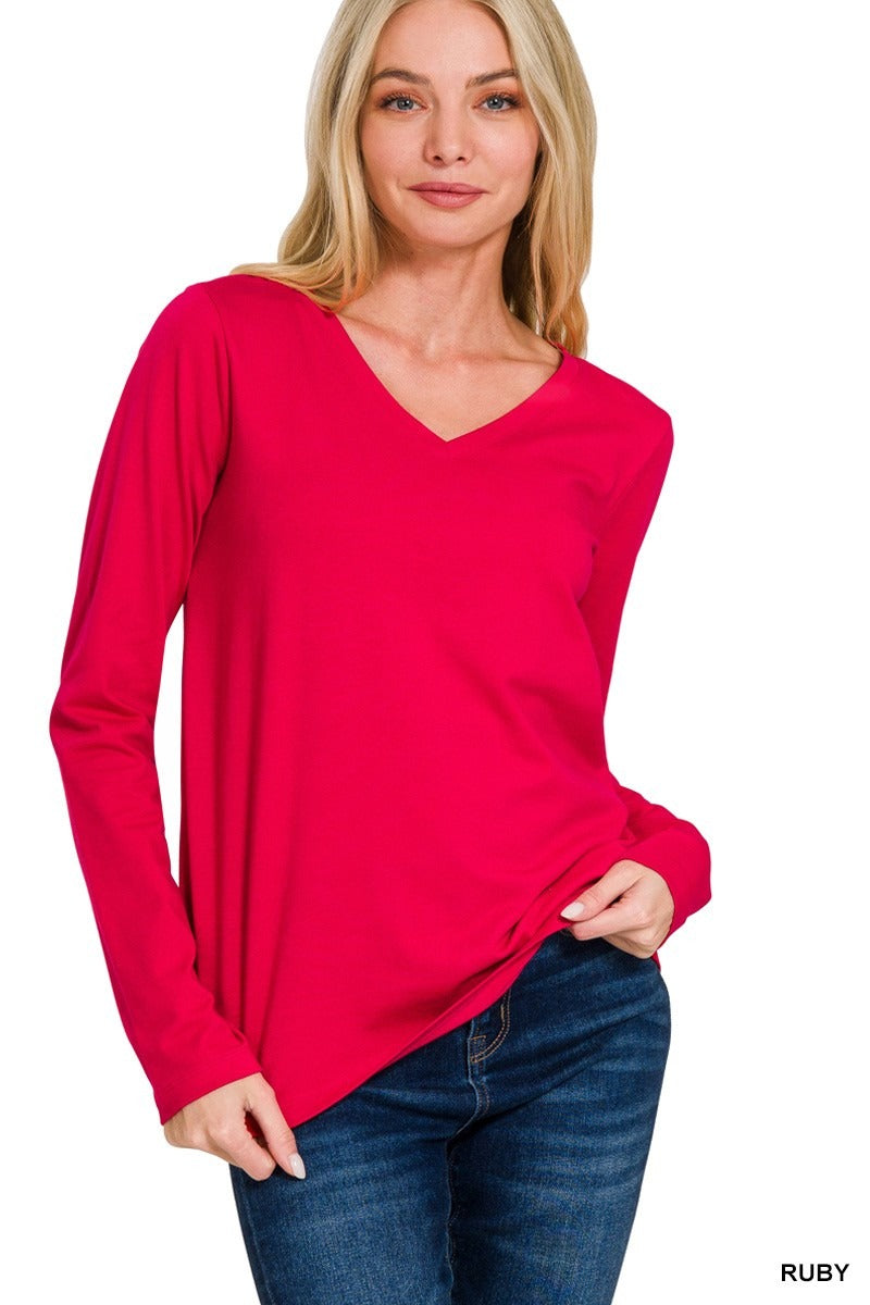 Cotton V-neck Long Sleeve T-shirt