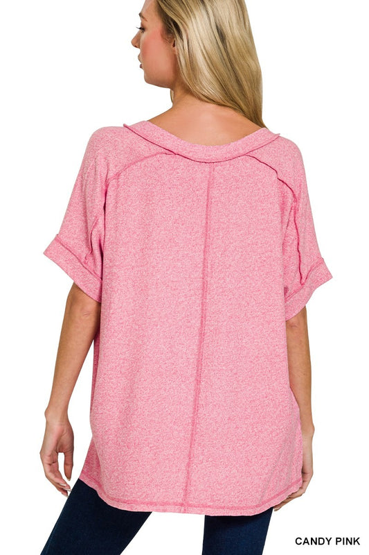 Soft Melange Hacci V-neck Hi-Low Short Sleeve Tee