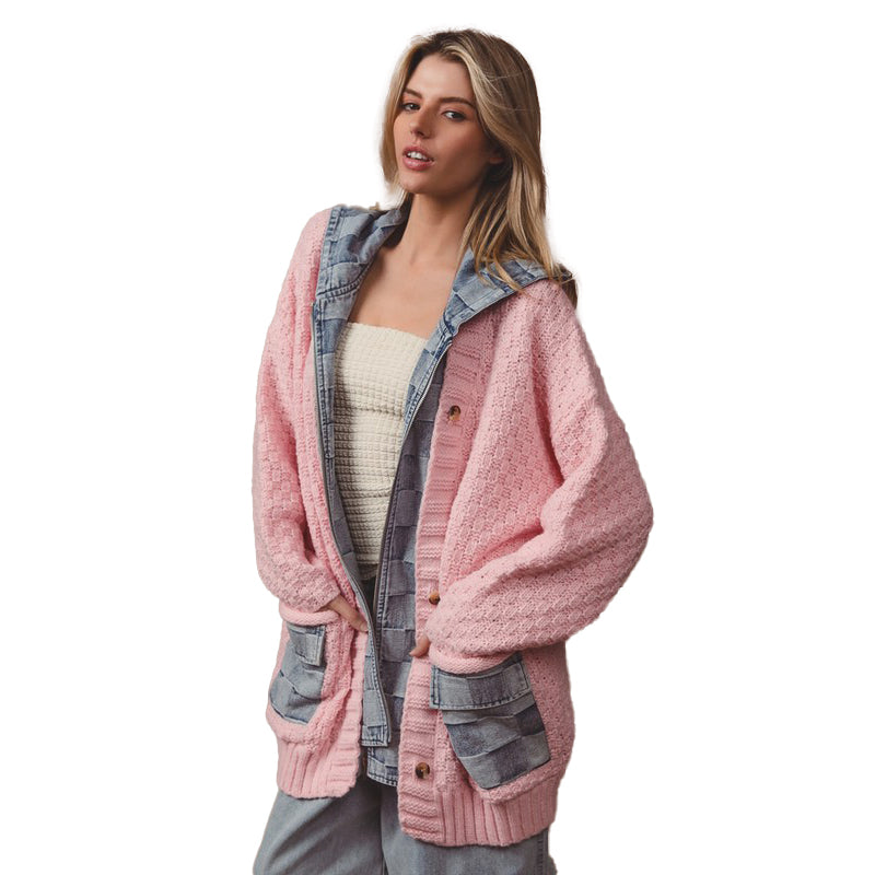 a woman wearing a pink jacket and jeans