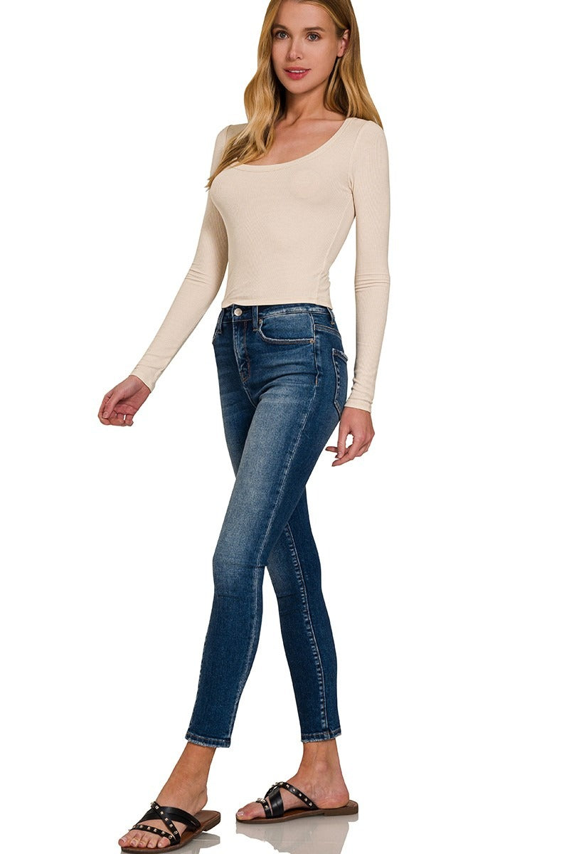 Ribbed Boat Neck Long Sleeve Shirt