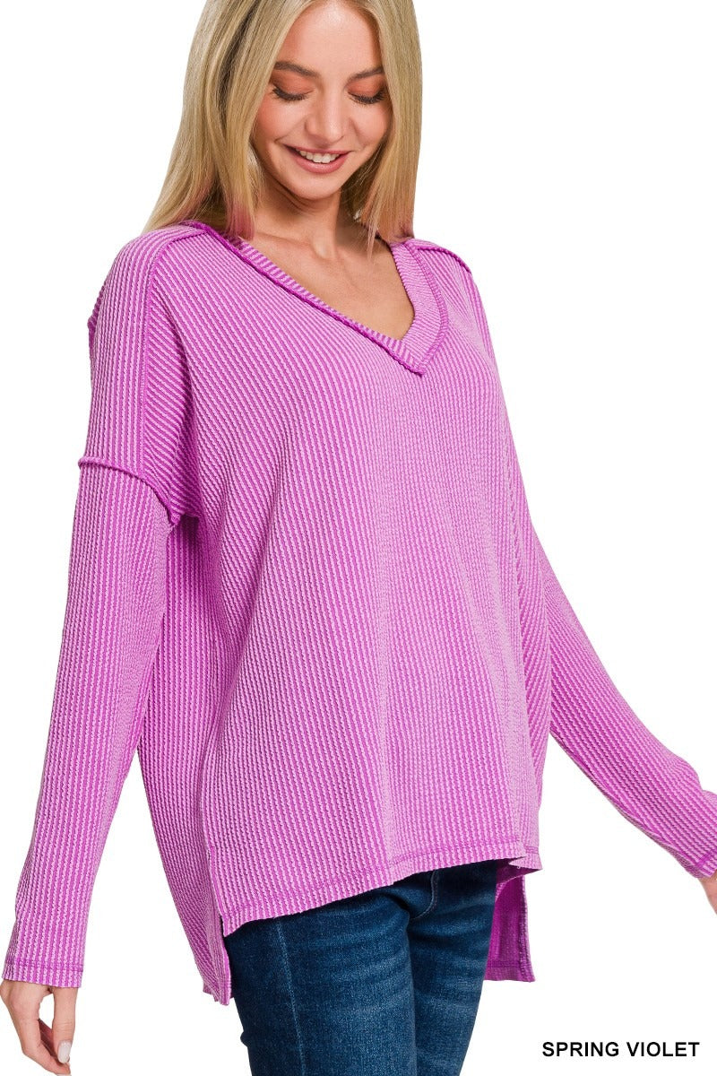 Corded Rib Long Sleeve Hi-Low V-neck Top