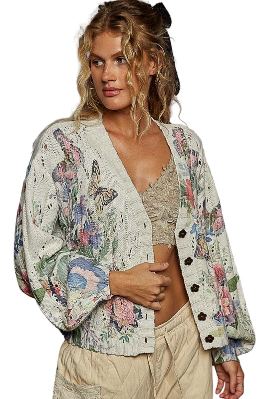 V-Neck Balloon Sleeve Floral Cardigan Top