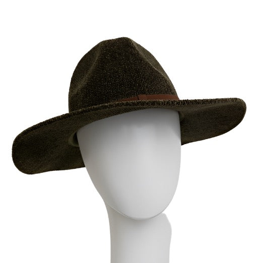 a white mannequin head wearing a brown hat