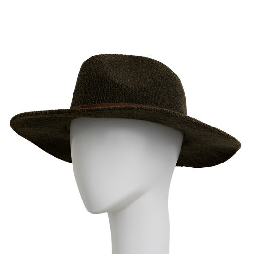 a white mannequin head wearing a brown hat