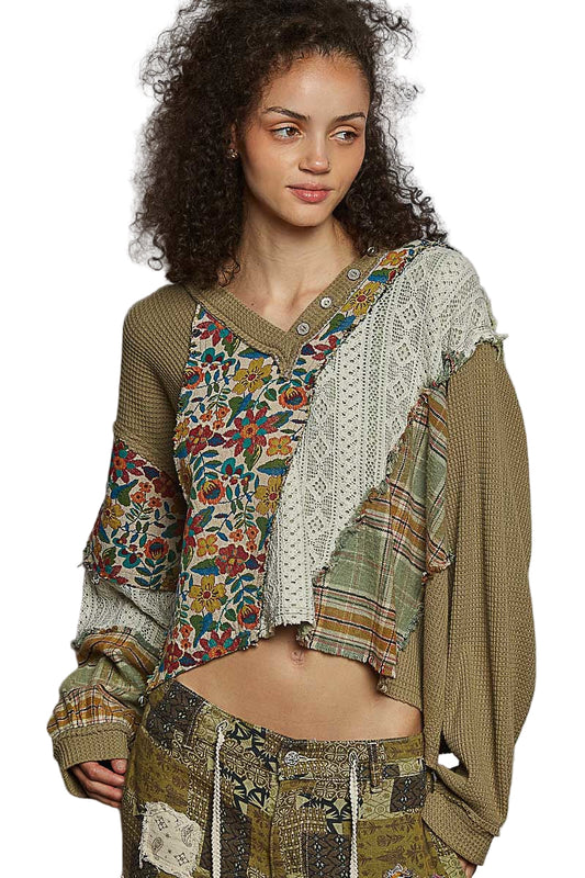 Overlay V-Neck Plaid Thermal Top