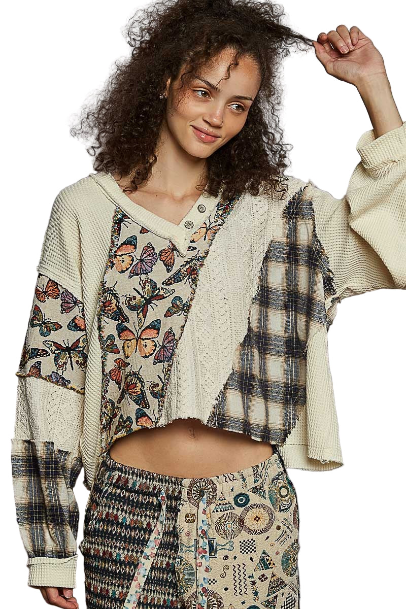 Overlay V-Neck Plaid Thermal Top