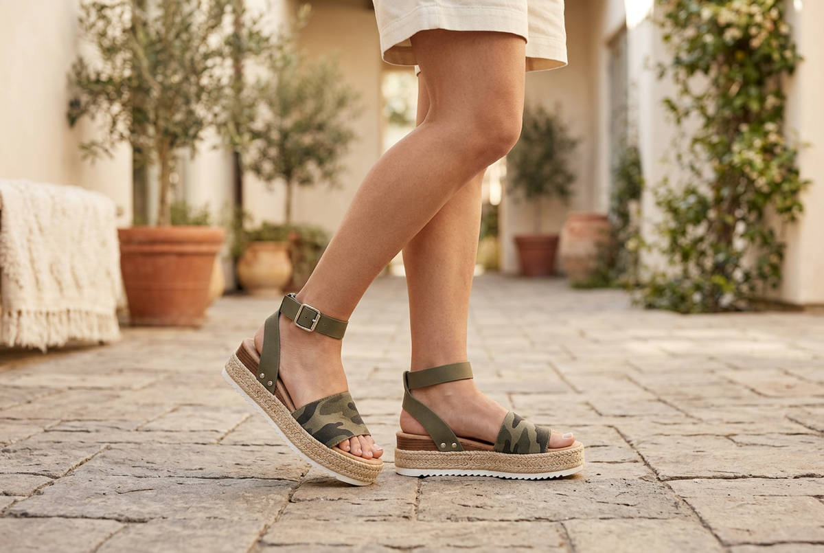 Woman wearing camouflage espadrille platform sandals with olive ankle straps and silver buckles in a stone courtyard.
