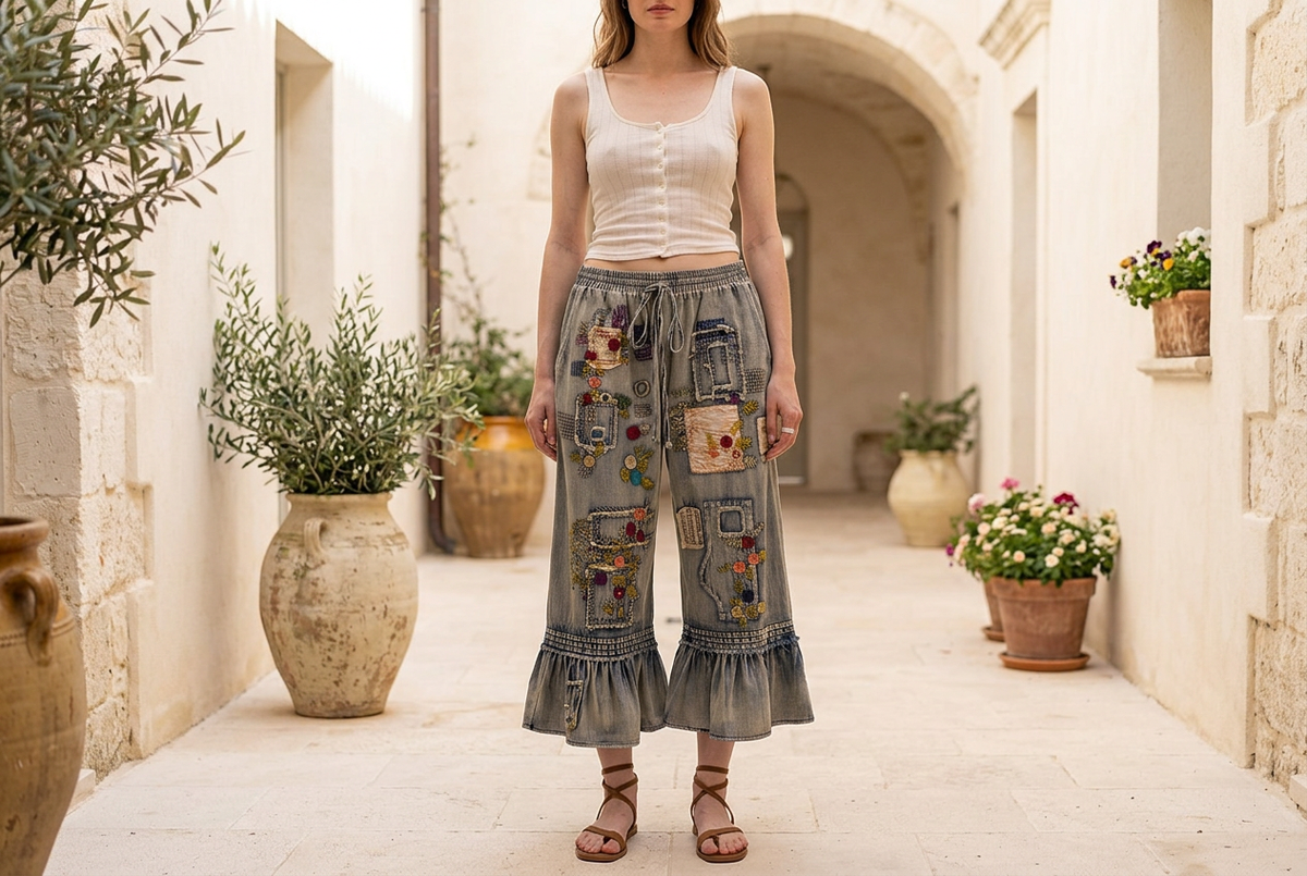Blue Velvet women's cropped denim patchwork pants styled in a sunny stucco courtyard