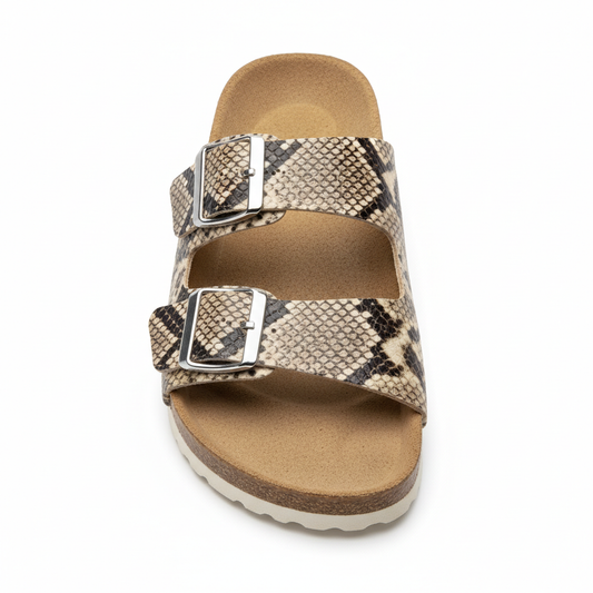 Snake print slide sandal top view showing adjustable double buckle straps and contoured cork footbed