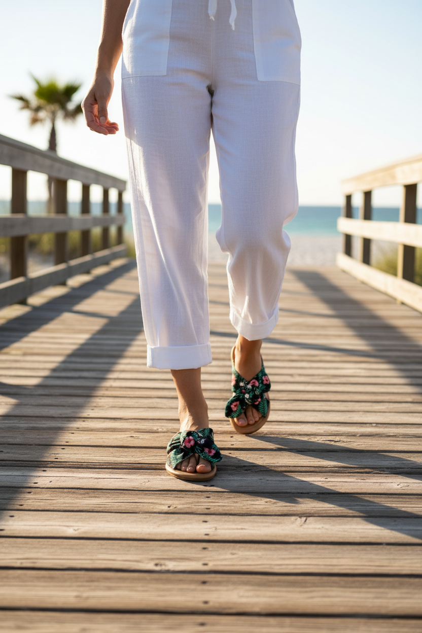 Woman wearing tropical print slide sandals walking on beach boardwalk in summer outfit