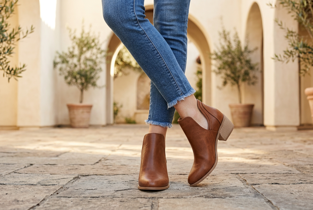 Cognac side-cutout ankle boots with low stacked heels worn with cropped jeans in a sunlit stucco courtyard.