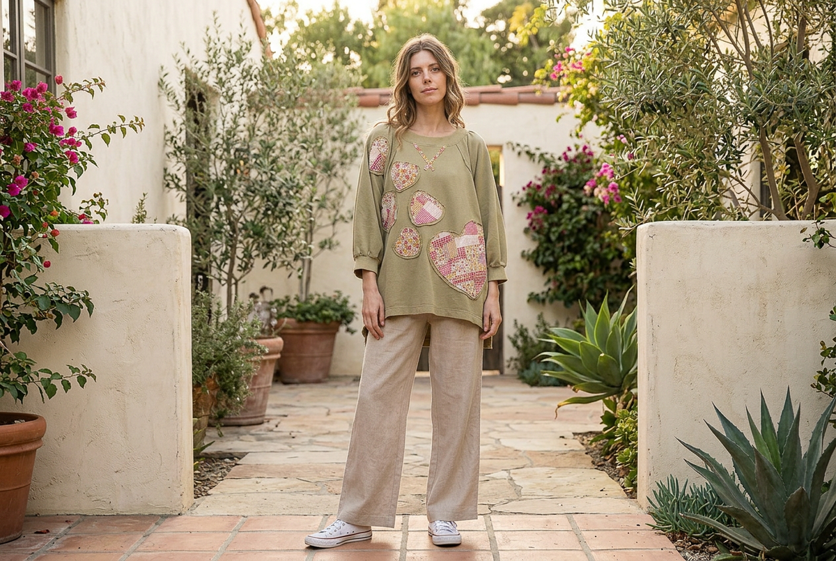 Blue Velvet sage heart patchwork sweatshirt lifestyle hero in a Southern California courtyard