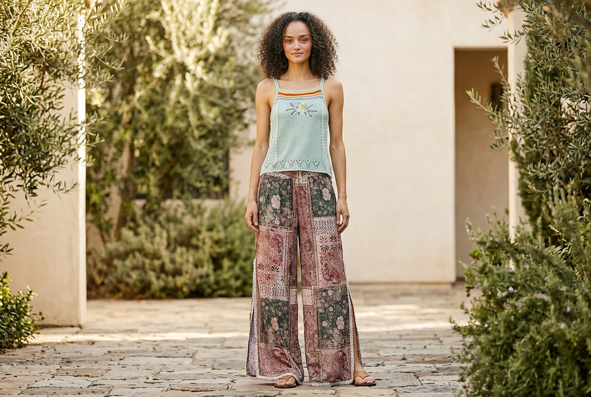 POL Clothing women's Rose Multi patchwork wide-leg pants with lace trim, modeled in a sunlit stucco courtyard