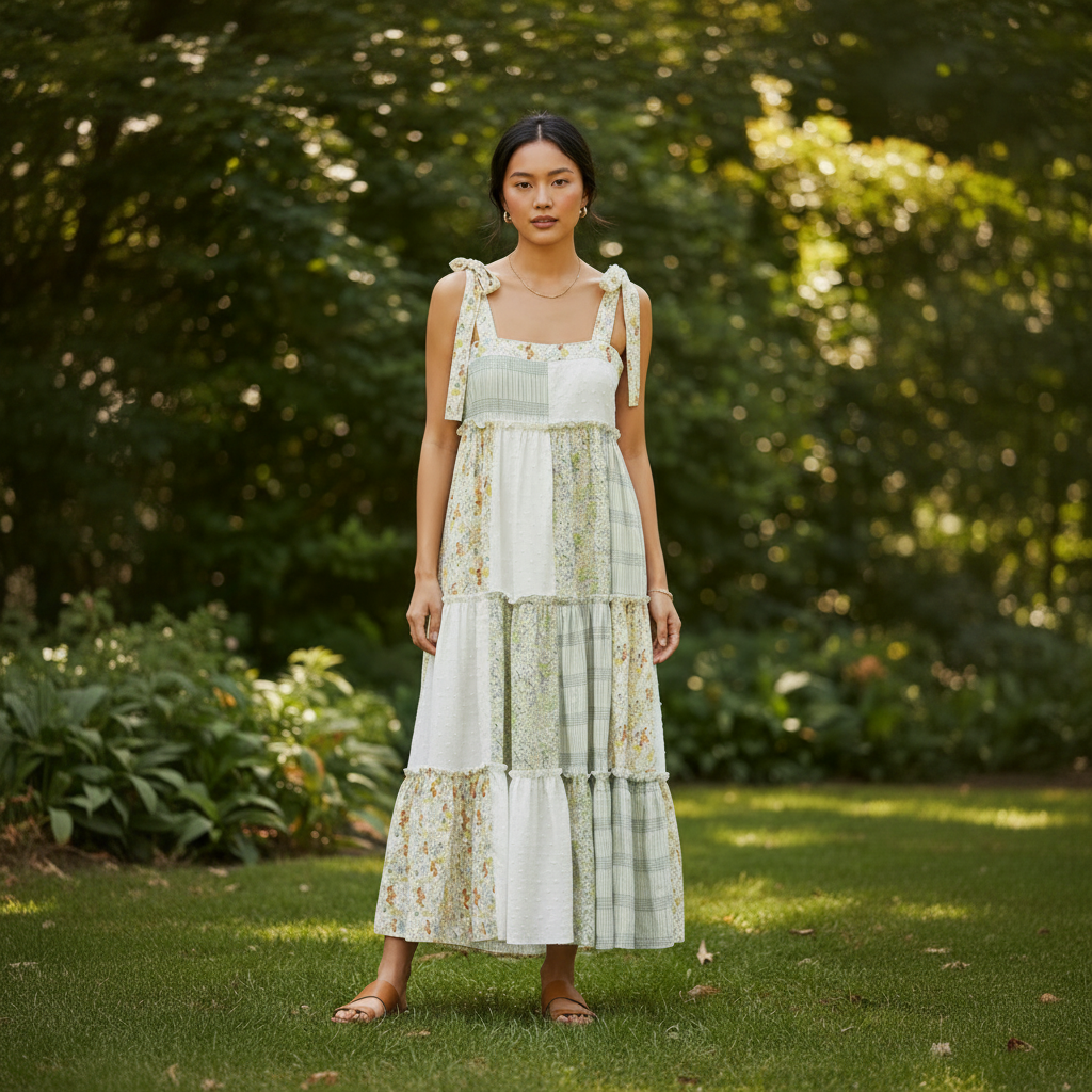 Patchwork Tie-Shoulder Tiered Maxi Dress L