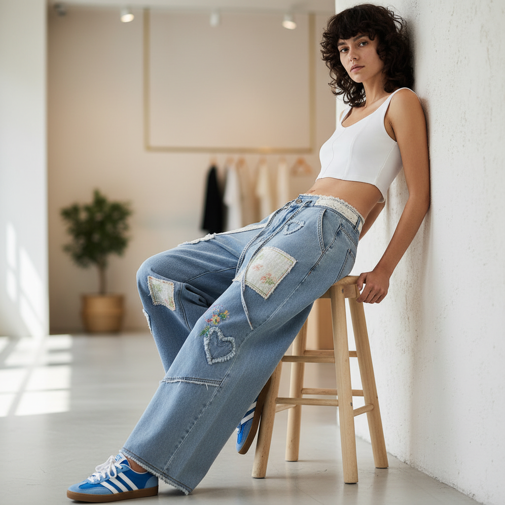 パンツ BELPER PATCHWORK DENIM PANTS POL Patchwork Wide-Leg Denim Pants | BellanBlue