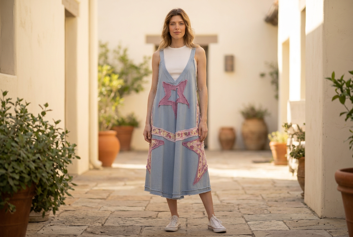 Blue Velvet light blue wide-leg jumpsuit with pink star patches and floral panels in a sunlit courtyard.