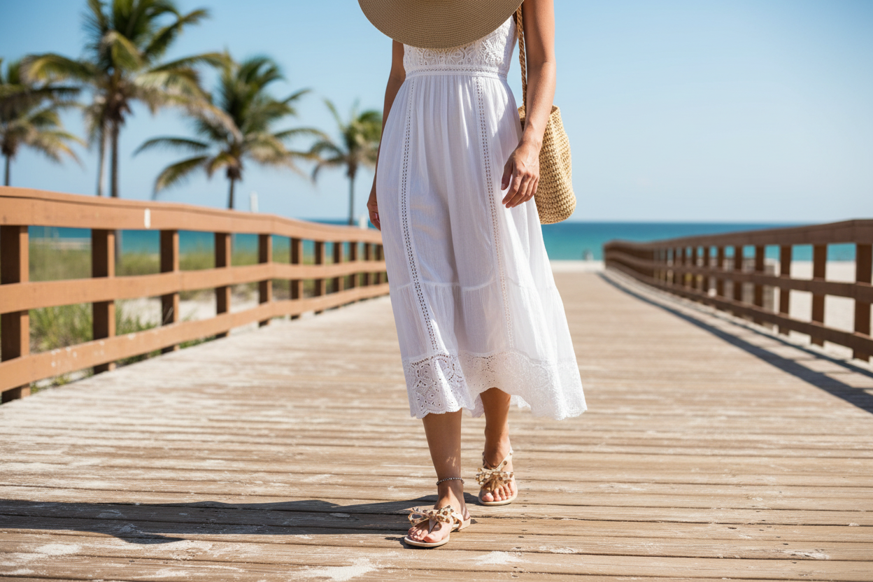 Woman wearing Wild Diva nude studded jelly sandals on beach boardwalk - casual summer styling with white sundress