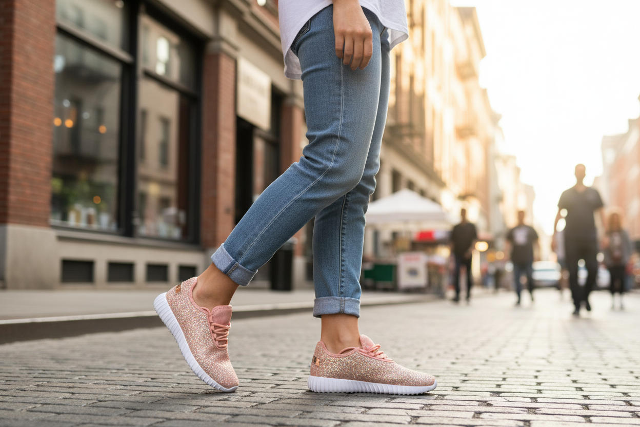 Woman wearing rose gold glitter sneakers with casual jeans walking on sunny city street