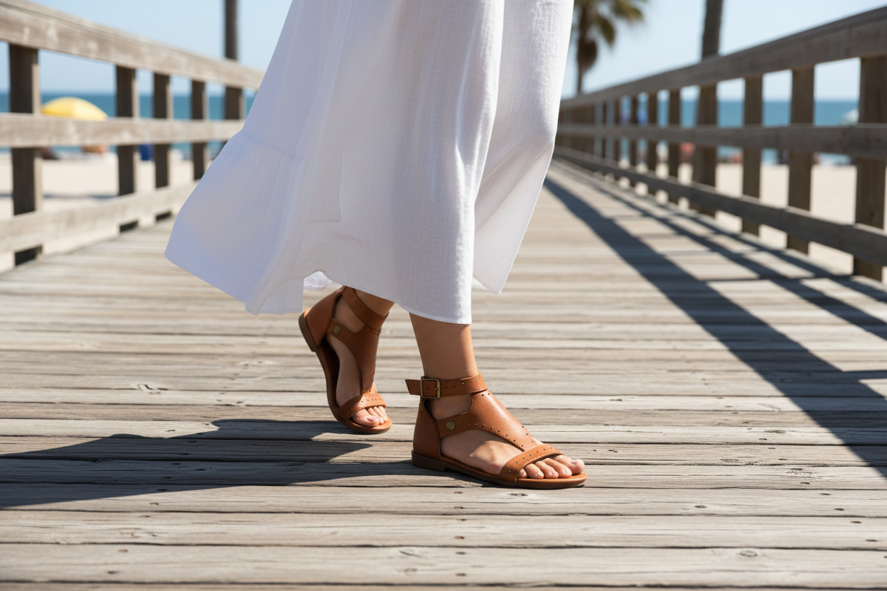 Woman wearing tan gladiator sandals walking on beach boardwalk in white summer dress