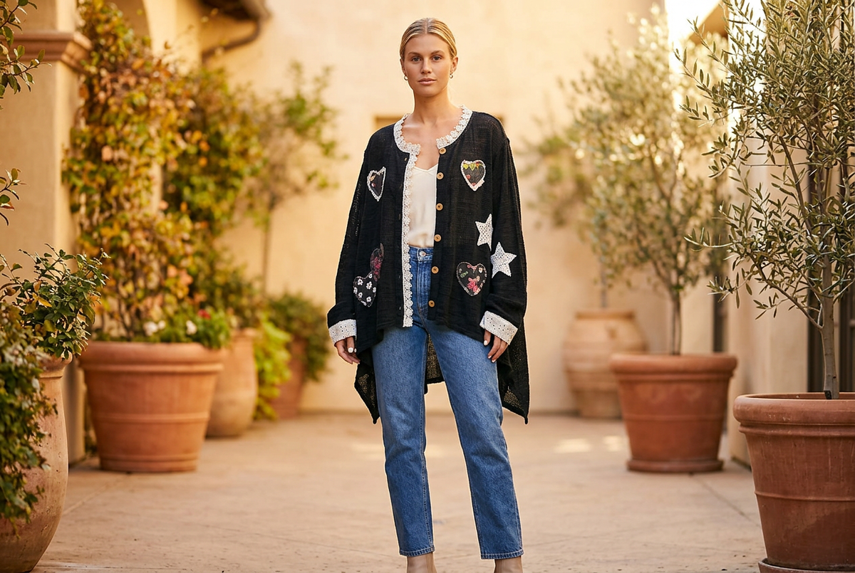 POL Clothing women's black heart and star appliqué cardigan styled with denim in a café courtyard - BellanBlue