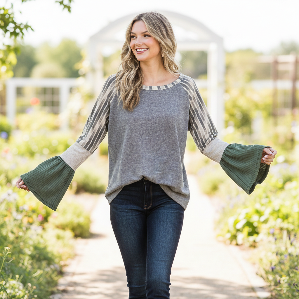 Mixed Stripe Bell Sleeve Knit Top – Olive & Grey | BellanBlue