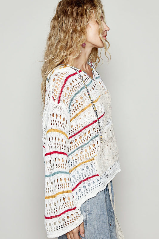 Sky Blue Multi striped v-neck hoodie sweater with star patch - women's boutique fashion from Bellanblue