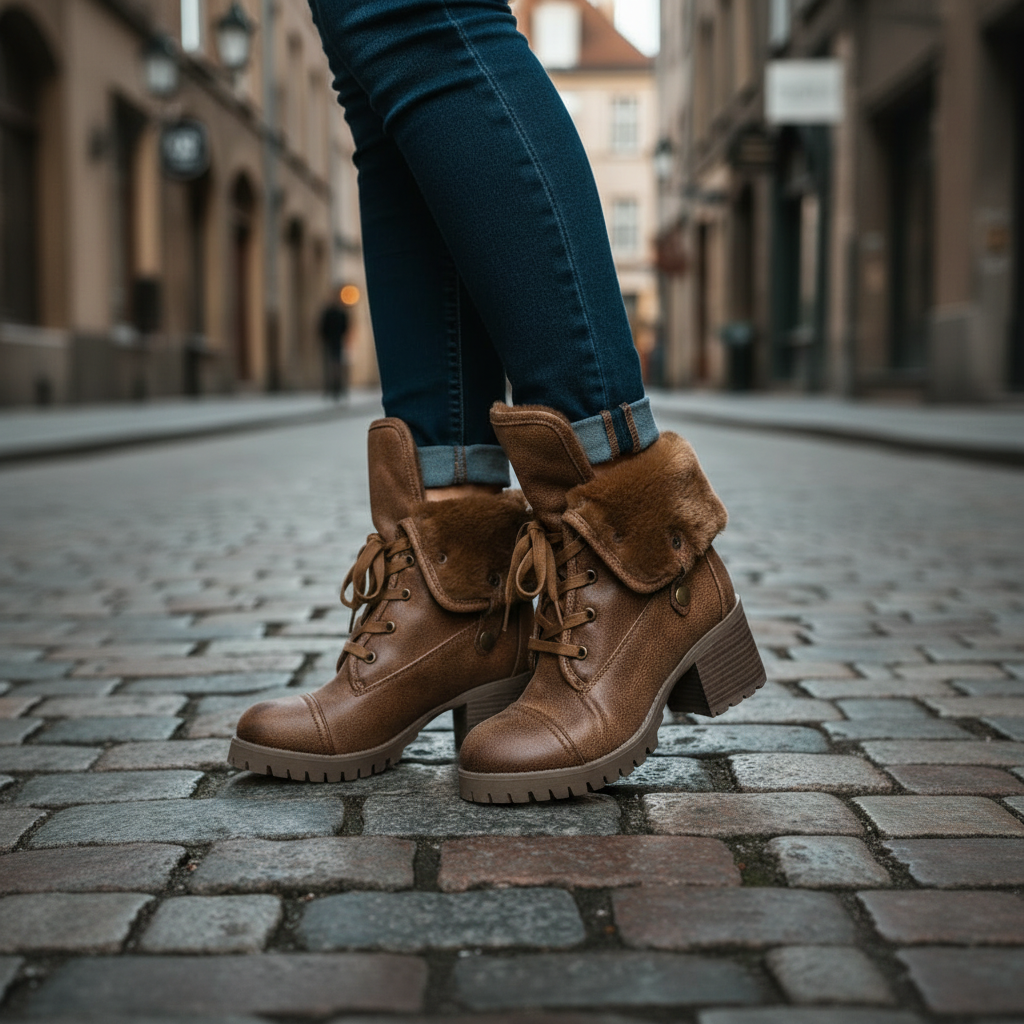 Bamboo Ankle-Stiefeletten mit umklappbarem Kunstfell in Kastanienbraun