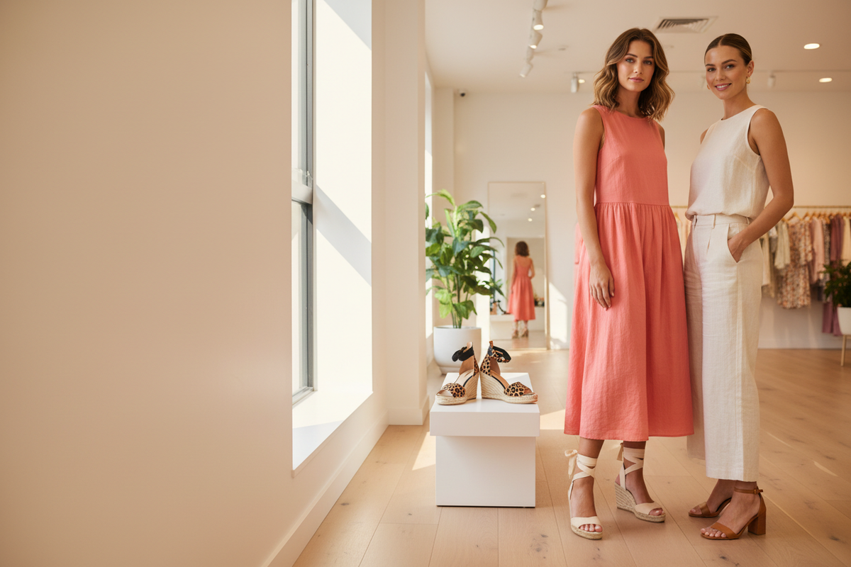 Wedges & Heels women's espadrille wedge sandals and block heel styles in jute, leopard, and neutral tones, styled in a bright boutique setting