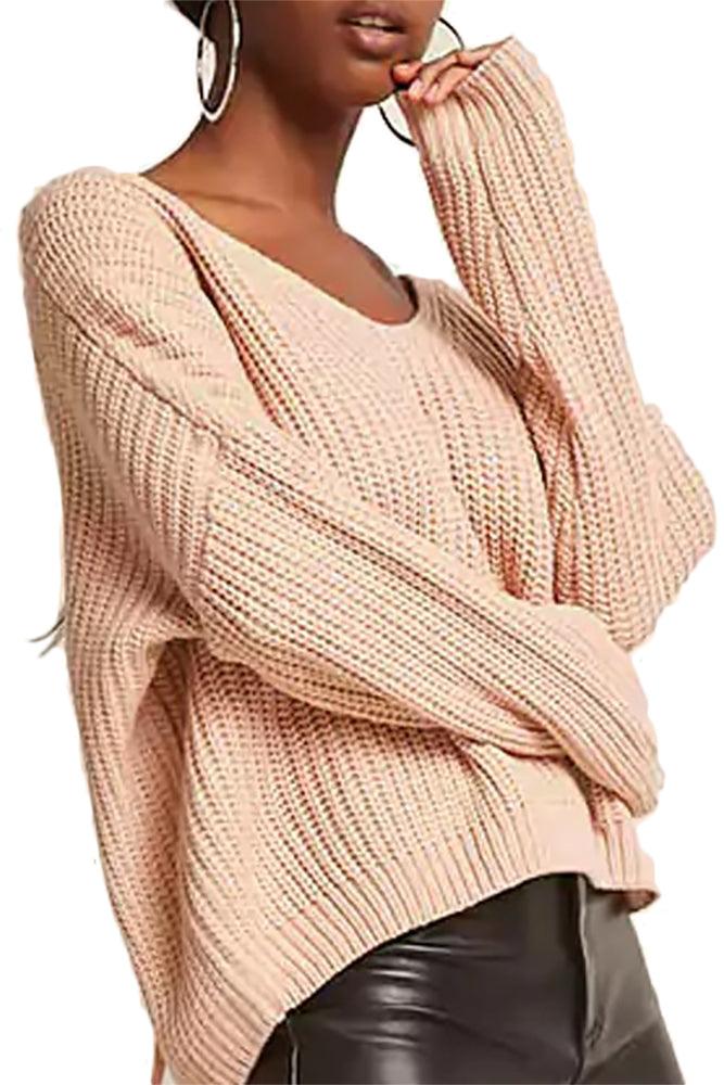 Knit Lace Up Back Sweater - Pullovers - BellanBlue