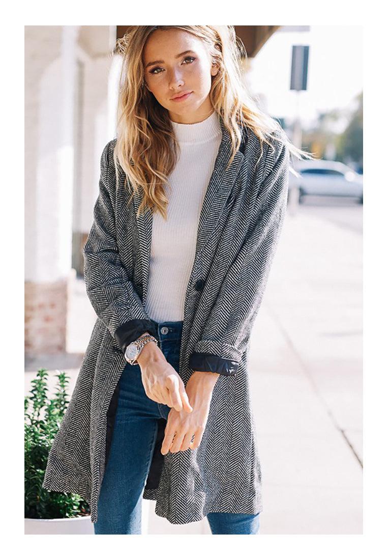 Long Sleeve Side Pockets Hounds-Tooth Coat - Coats & Jackets - BellanBlue