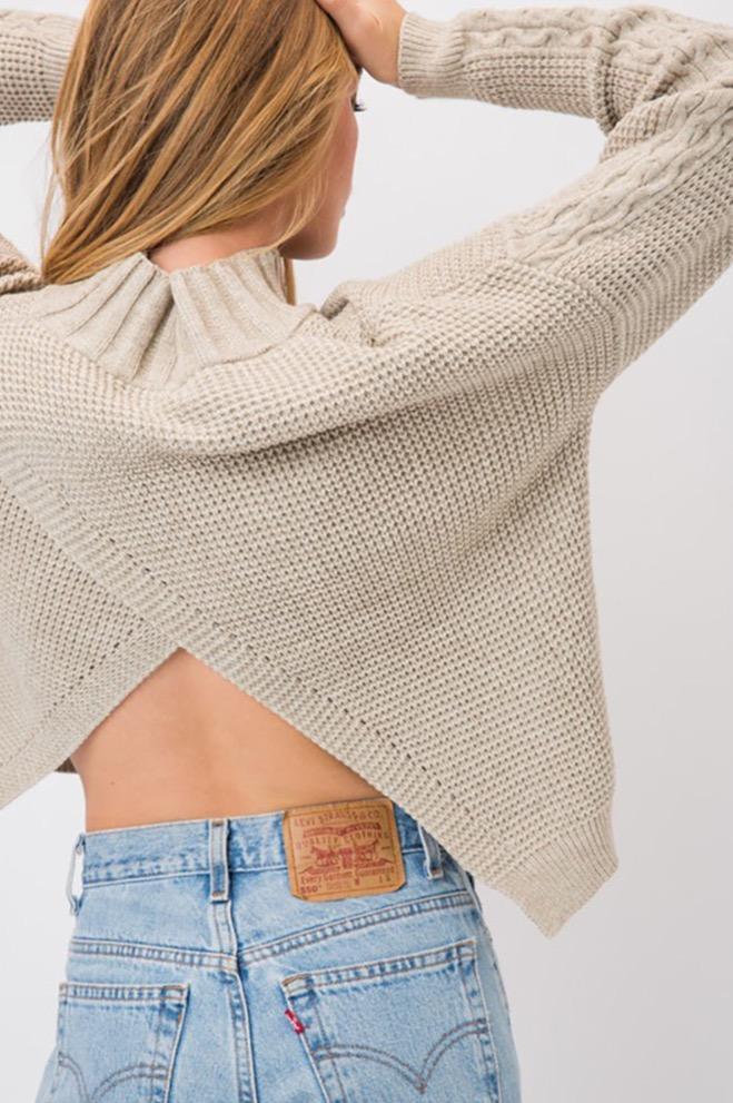 Mock Neck Knitted Open Back Sweater - Pullovers - BellanBlue