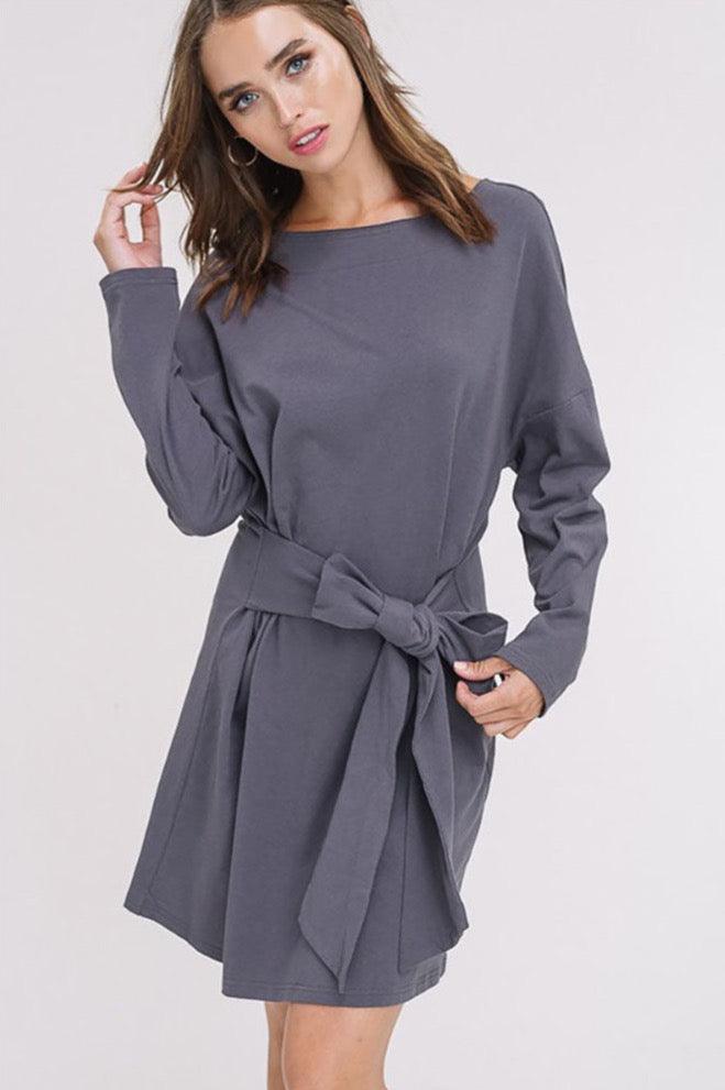 Off Shoulder French Terry Waist Tie Dress - Dresses - BellanBlue