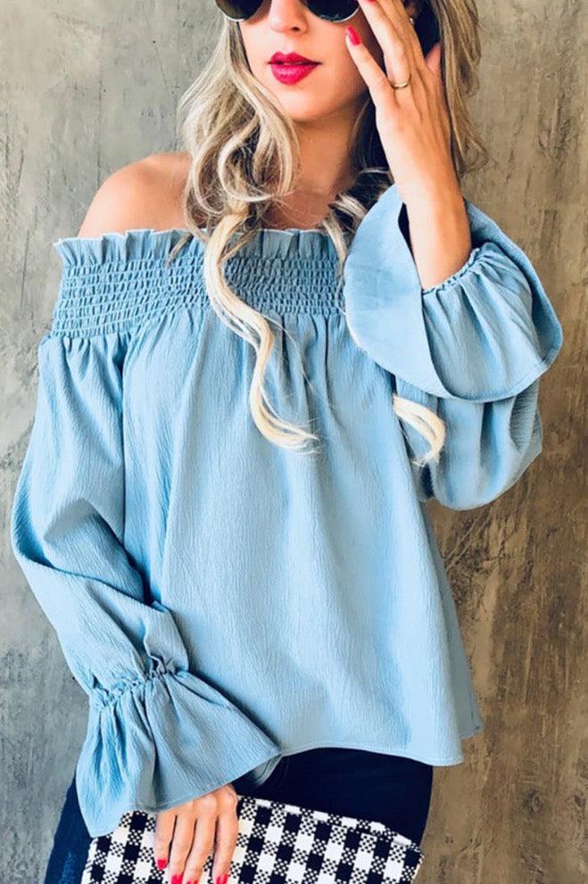 Off Shoulder Smocking Top with Smocking Bell - Shirts & Tops - BellanBlue