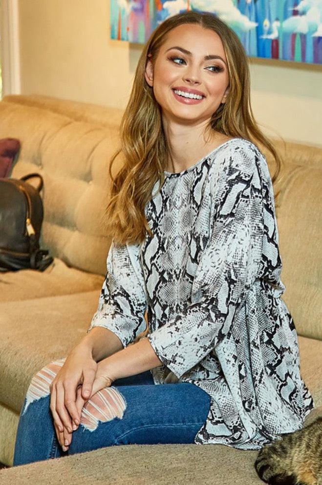 Open Back Ruffle Sleeve Snake Print Knit Top - Shirts & Tops - BellanBlue