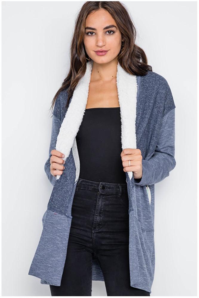Open-Front Fuzzy Collar Long Sleeve Cardigan - Cardigans - BellanBlue