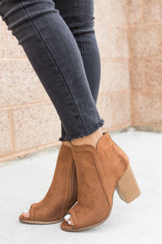 Perforated Peep Toe Cut Out Ankle Booties-Shoes-5.5-Tan-BellanBlue