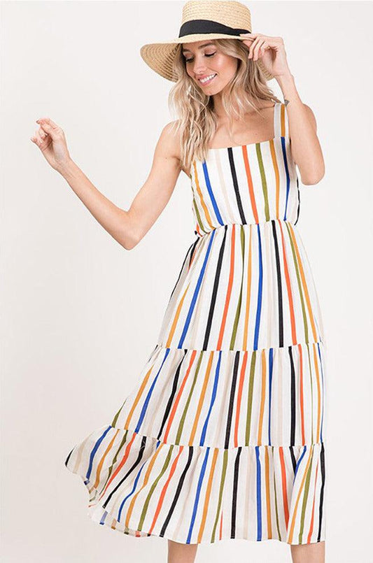 Strap Sleeveless Multi Stripe Ruffle Midi Dress - Dresses - BellanBlue