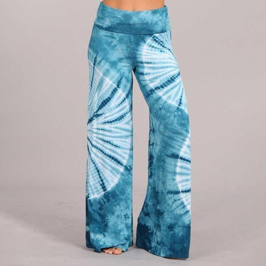 Stretchy Women's Blue & White Tie-Dye Wide Leg Palazzo Yoga Pants - Pants - BellanBlue
