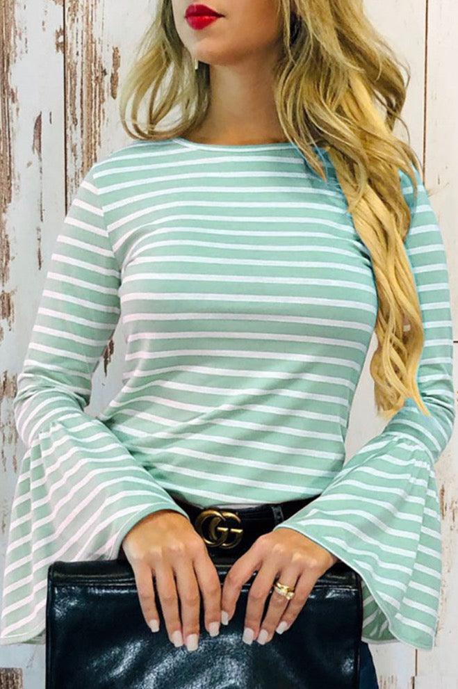 Strip Long Bell Sleeve Top - Shirts & Tops - BellanBlue