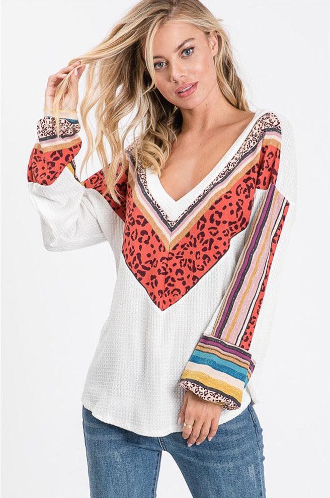 Women Animal Print Brushed Waffle V-Neck Tunic - Shirts & Tops - BellanBlue