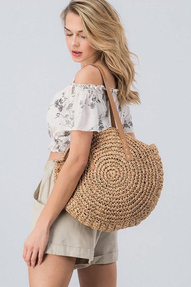 Sac en rotin fait main avec bracelet en cuir Boho pour femmes