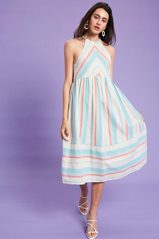 Women Keyhole Striped Woven Maxi Dress with Pockets - Dresses - BellanBlue