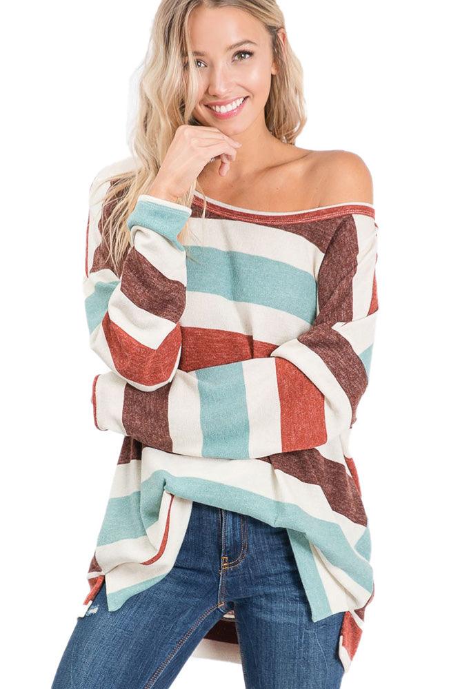 Women's Cozy Stripe Off Shoulder Pullover Sweater - Pullovers - BellanBlue