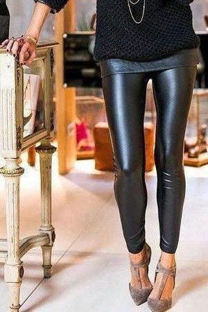Women's's black matte faux leather leggings featuring modern rock