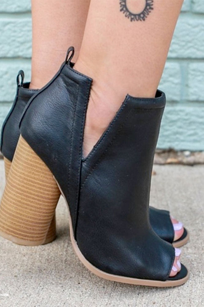Toe Booties Open Booties Sandals Women's Open Toe Chunky Heels Cut Sides Booties-Shoes-Black-6