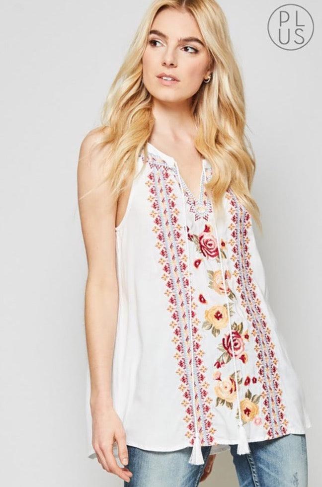 Women's Sleeveless Embroidery Detail Tassel Tie Top - Shirts & Tops - BellanBlue