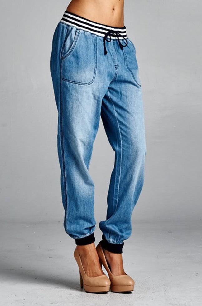 Women's Stripe Straight Leg Banded Jogger Pant - Pants - BellanBlue